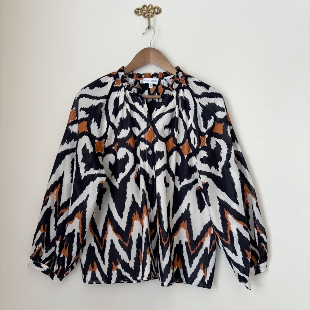 Willa Story Ikat Peasant Blouse Large Button Front Quiet Luxury